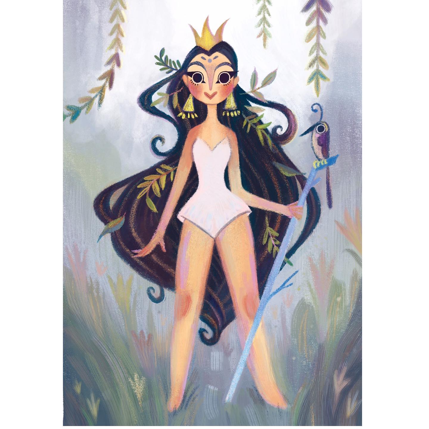Finished painting: fantasy queen with crown, leaves, and bird staff